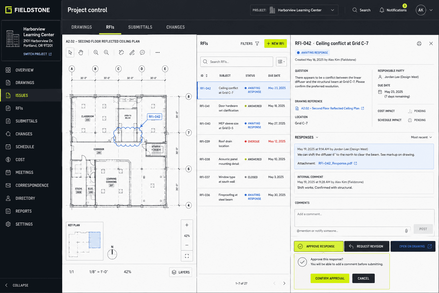 Fieldstone project-control workspace showing an RFI beside a ceiling plan and approval action