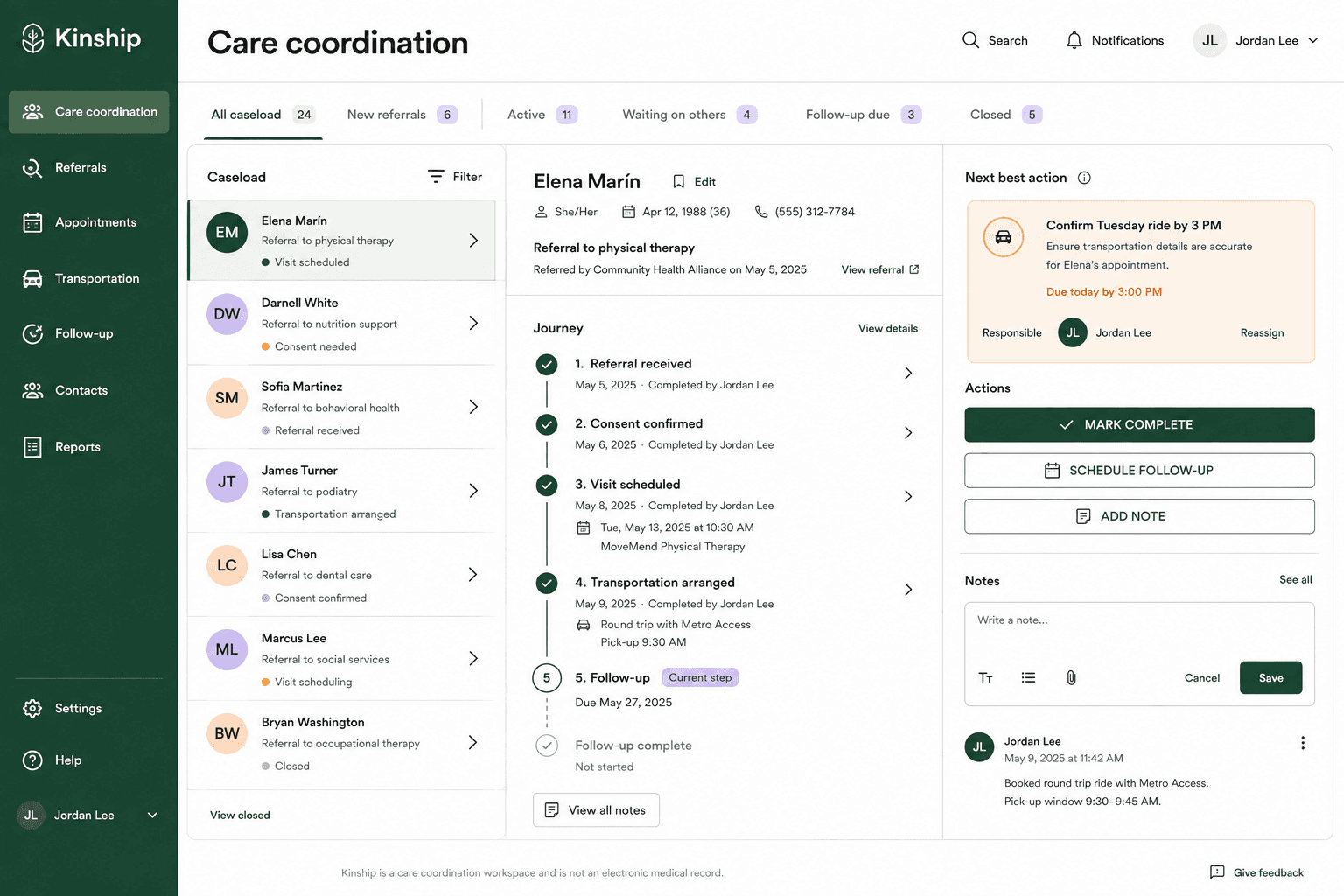 Kinship care-coordination workspace showing a referral journey and its next action