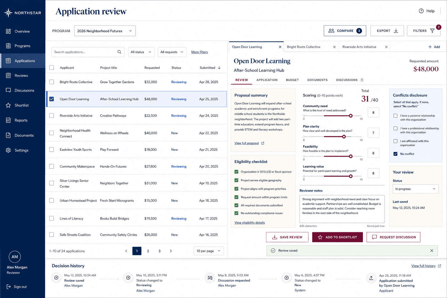Northstar grant-review workspace showing an application, eligibility checks, scoring, and conflict disclosure