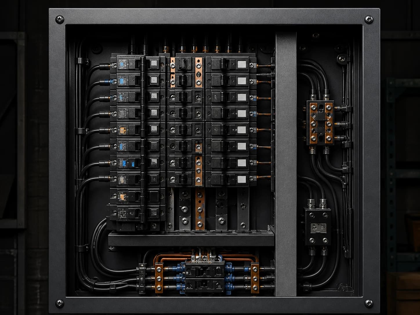 Straight-on view of an orderly electrical breaker panel with black wiring and copper bus details