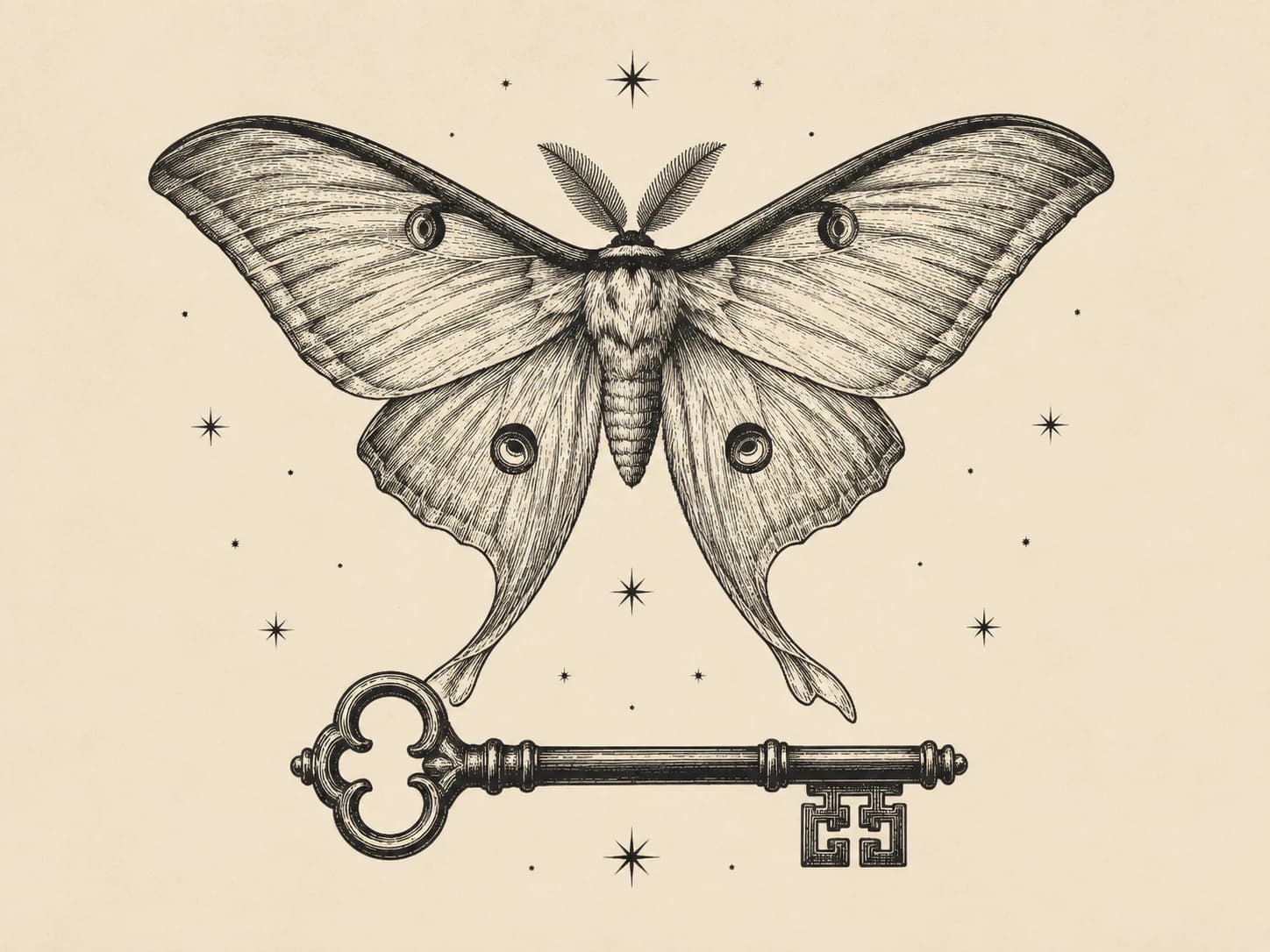 Engraved luna moth floating above an antique key