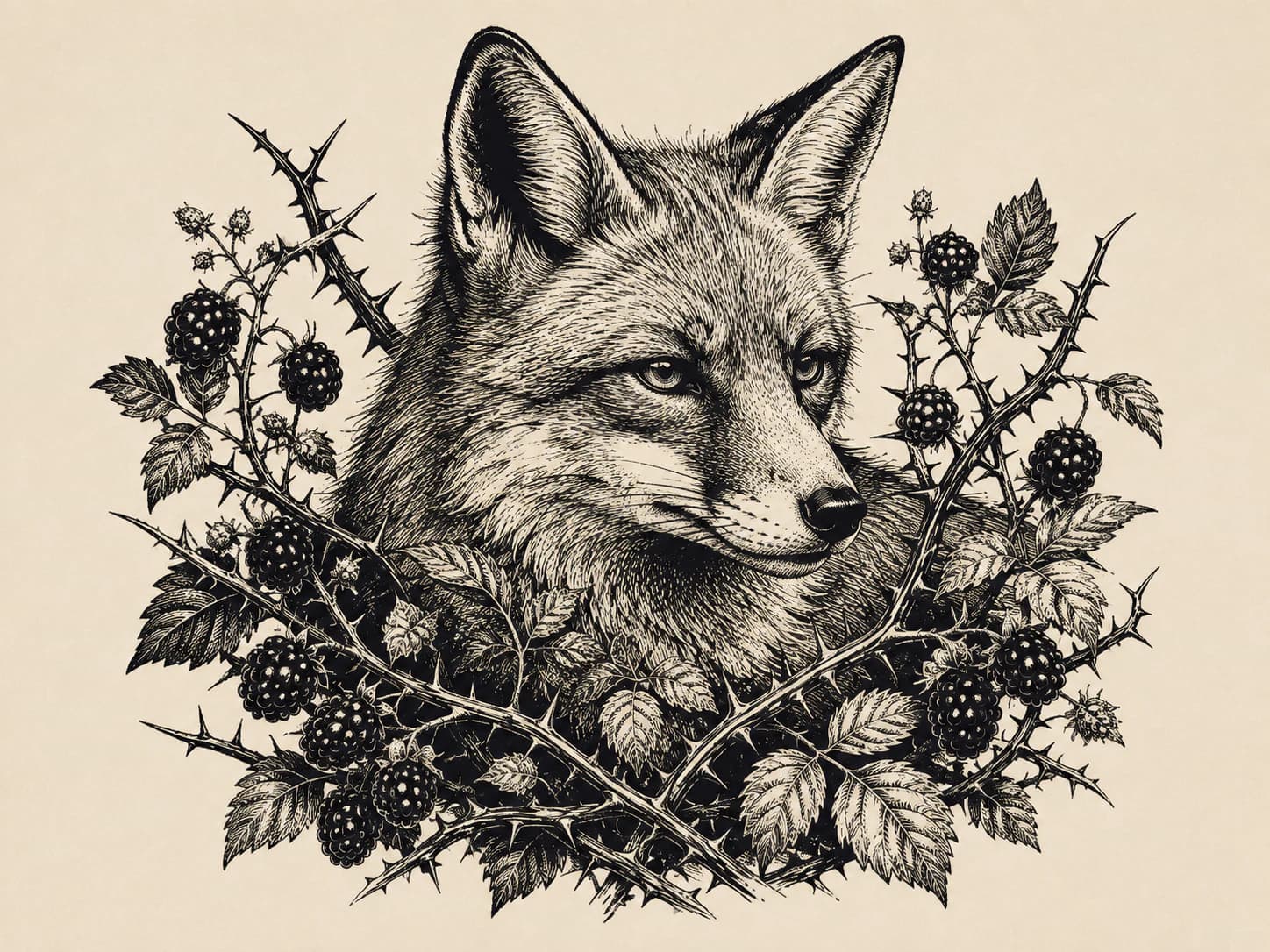 Engraved fox emerging through blackberry briars