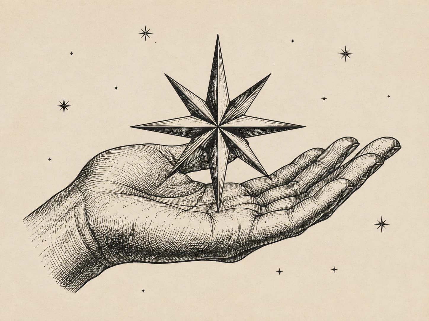 Engraved open hand holding an eight-point star