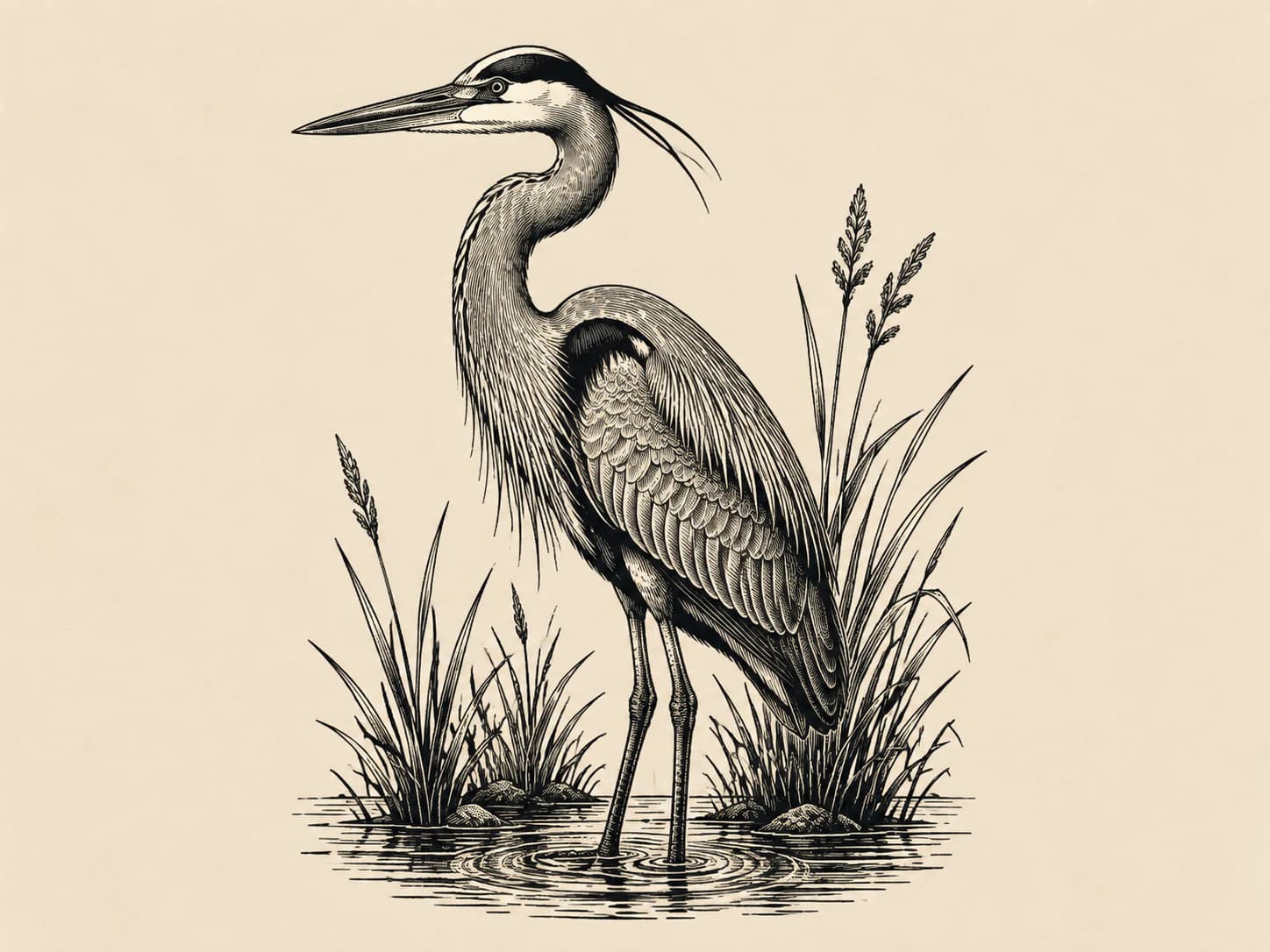 Engraved great blue heron standing among reeds