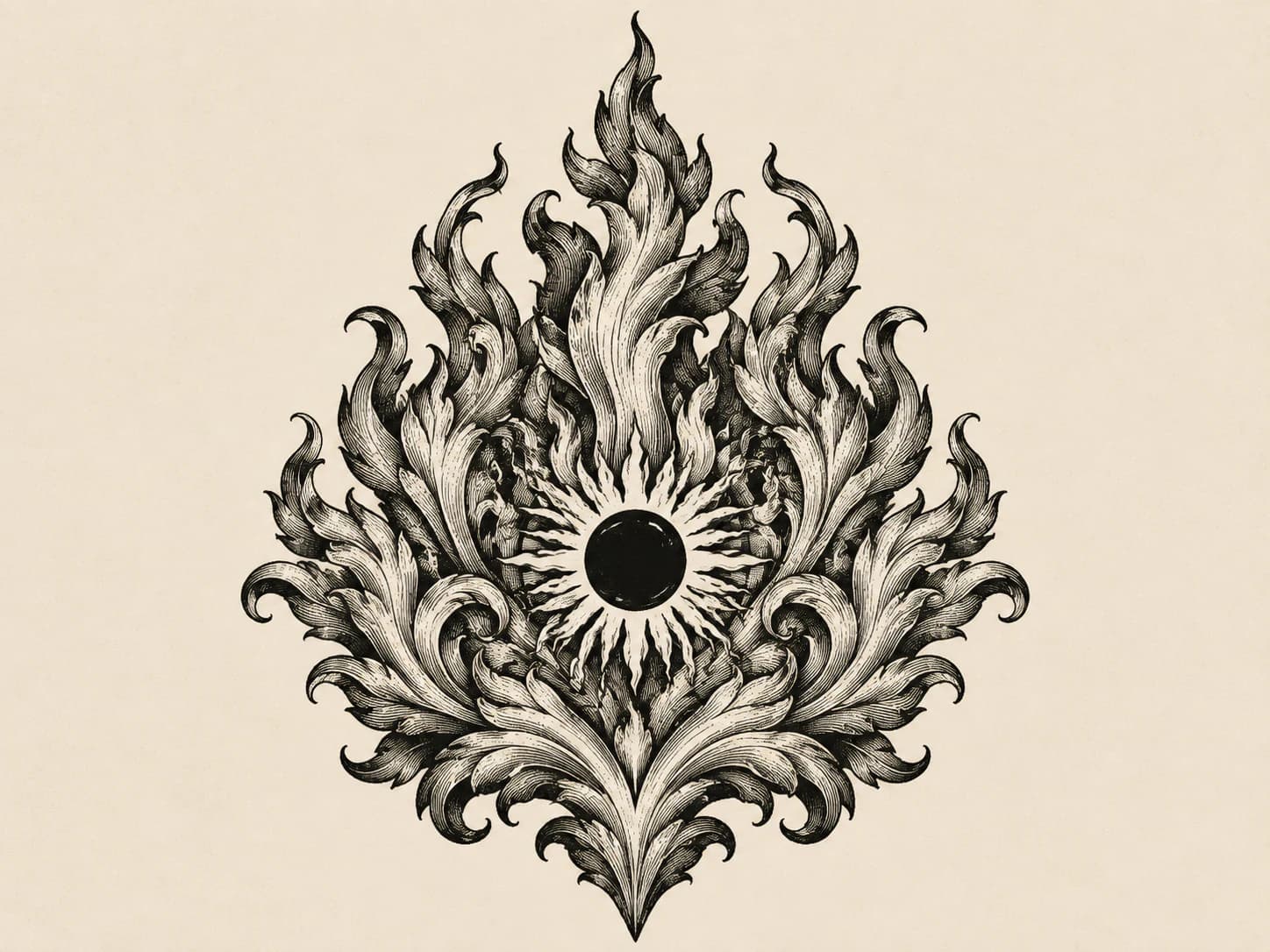 Engraved ornamental flame surrounding a black sun