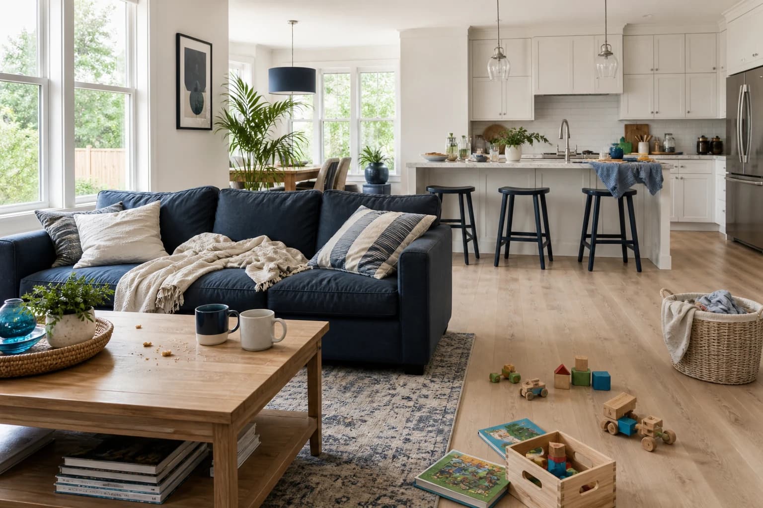 A lived-in living room and kitchen ready for a routine clean