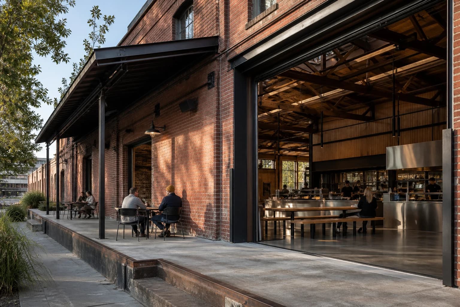 Renovated brick freight hall with an open dining room and outdoor seating