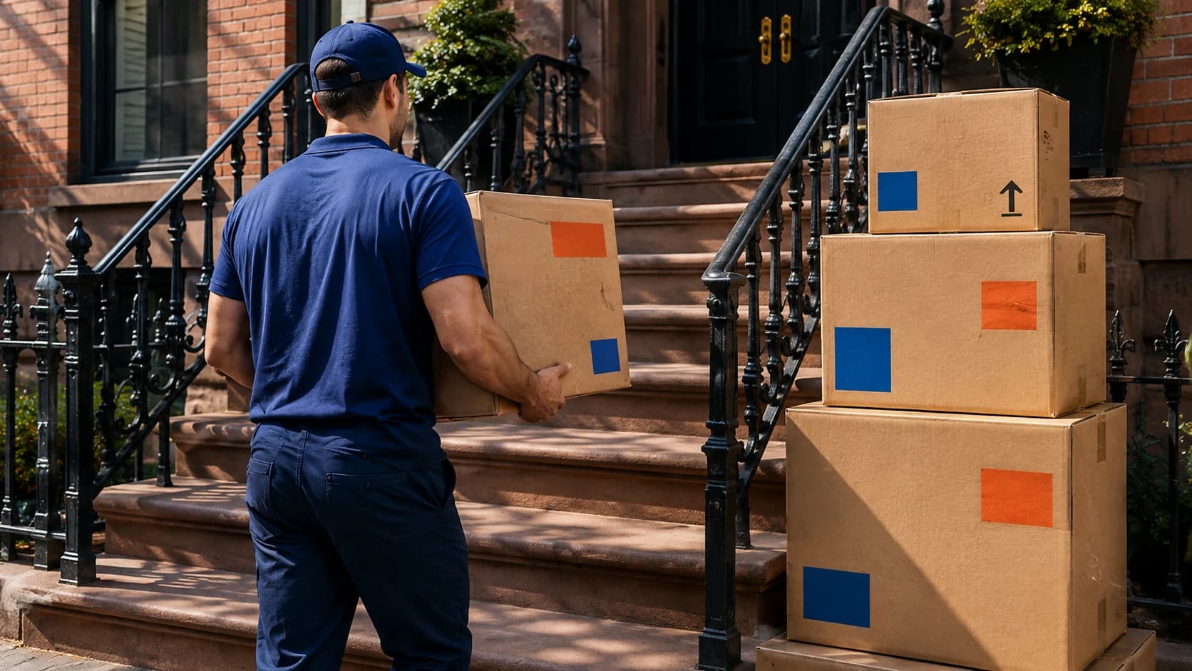 Mover in an ultramarine uniform carrying a marked box toward a rowhouse