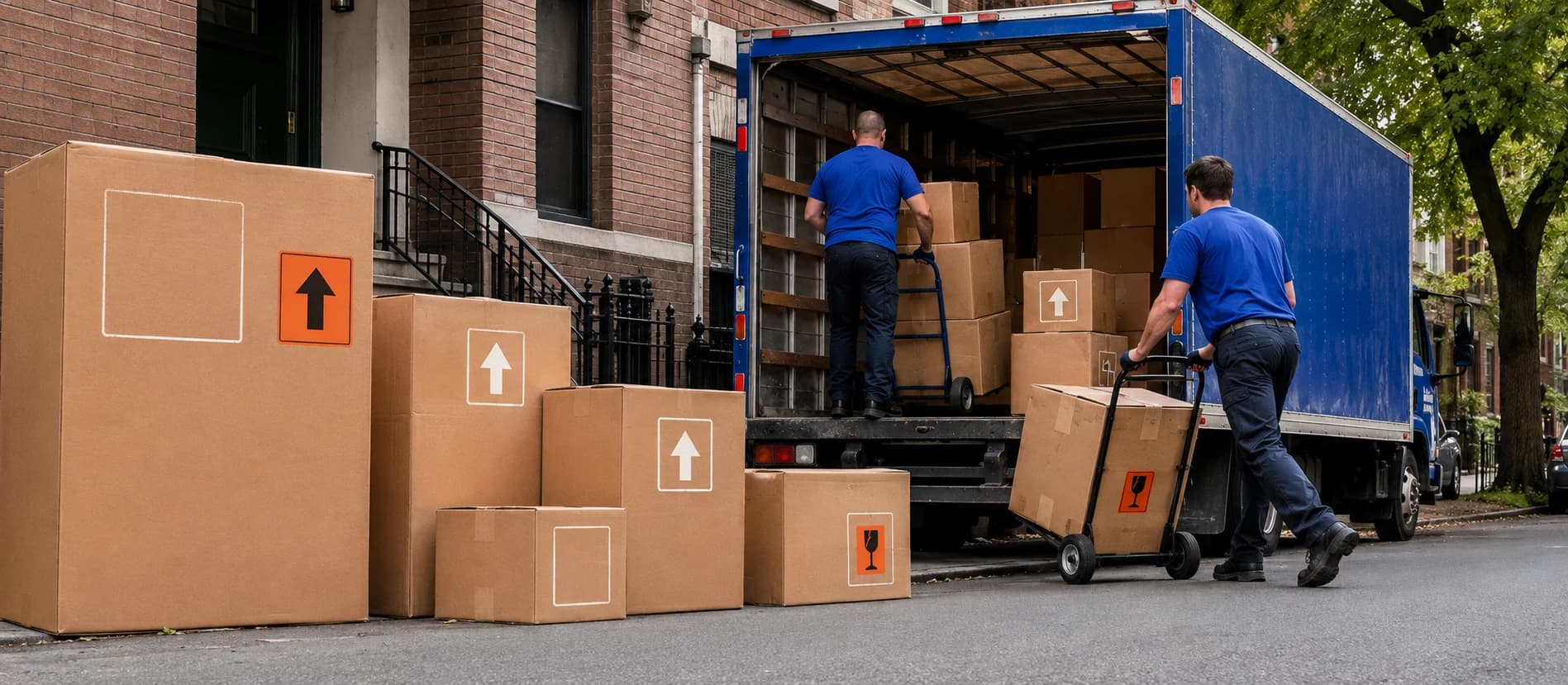 Two movers advancing marked boxes from a rowhouse curb into a blue moving truck