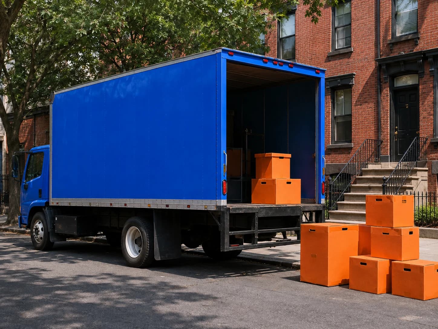 Unbranded cobalt moving truck and orange boxes parked beside brick rowhouses