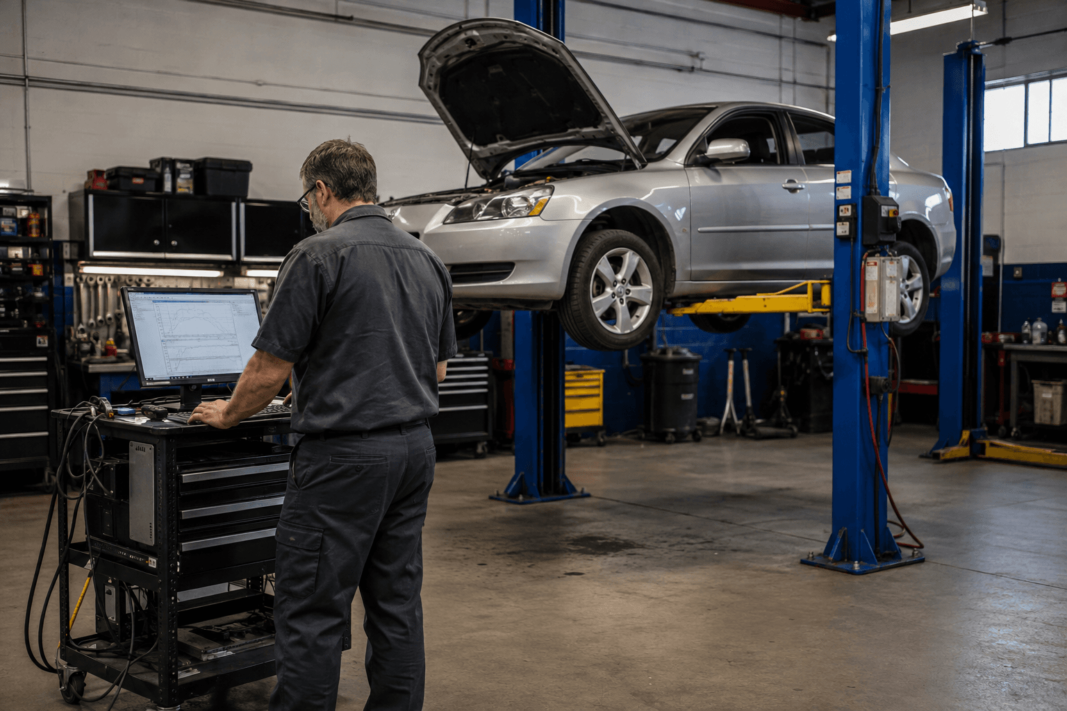 A technician reviews diagnostic data beside a silver car raised in an independent repair bay