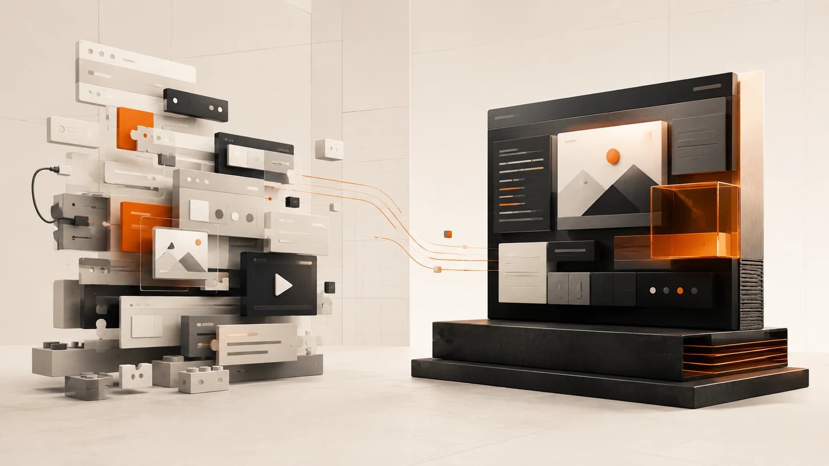 Loose modular website panels beside a cohesive black-and-orange custom system built on a solid base
