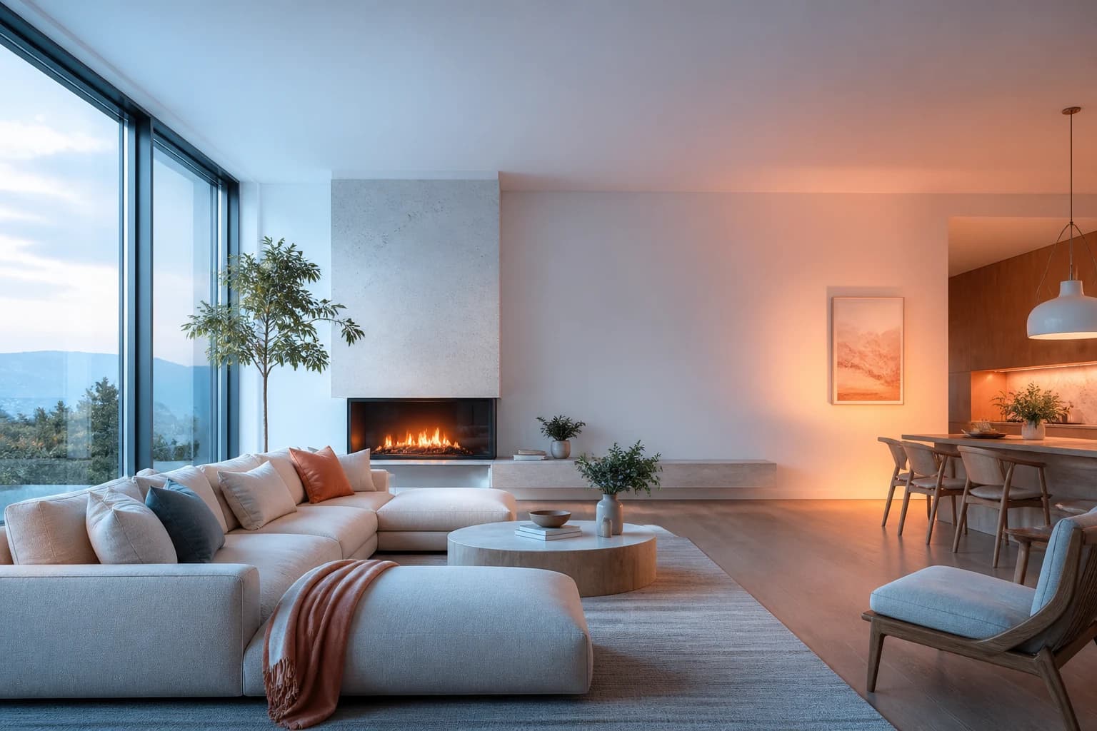 An airy contemporary living room with cool daylight and a warm evening glow