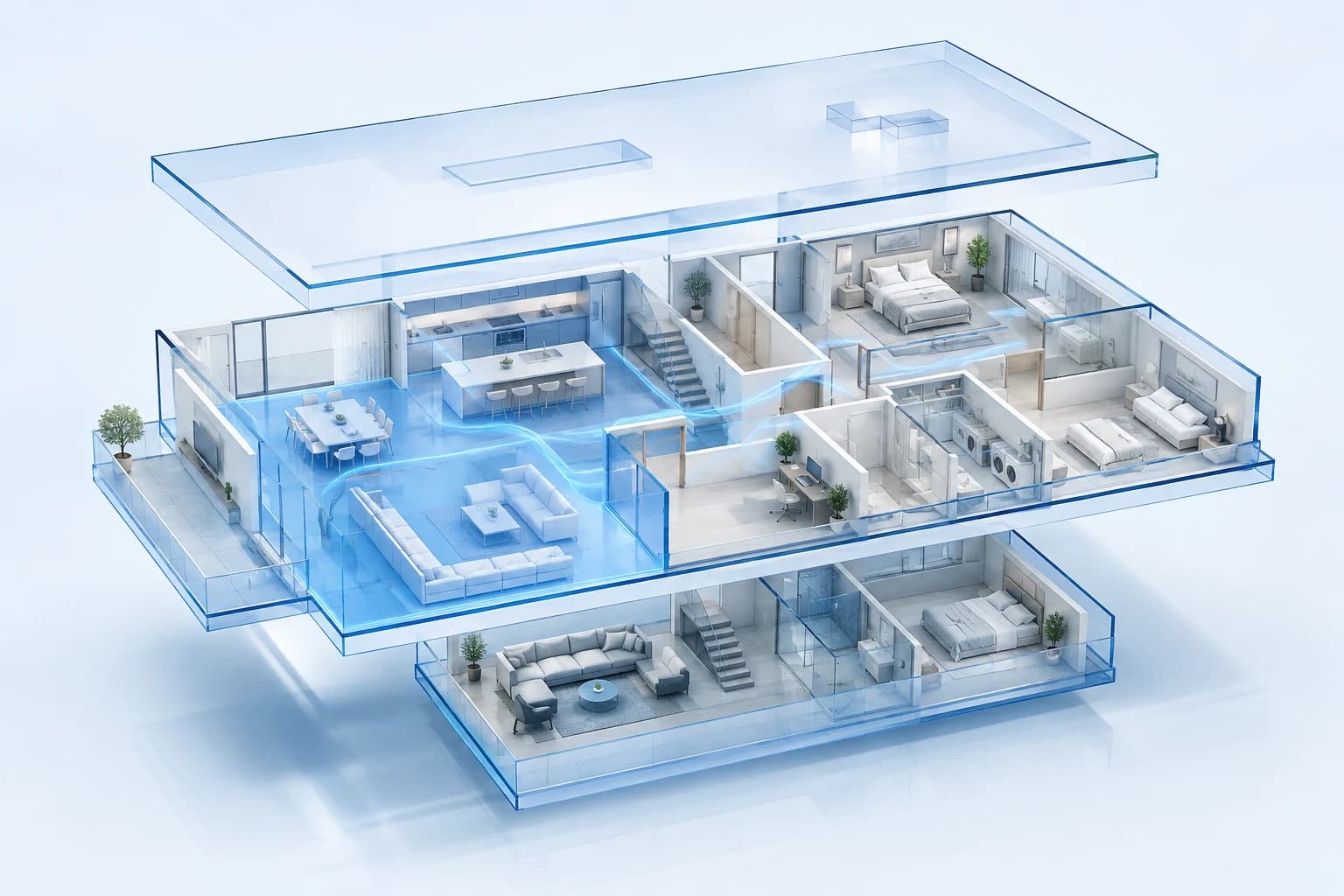 A layered glass architectural floorplan showing connected rooms across a contemporary home