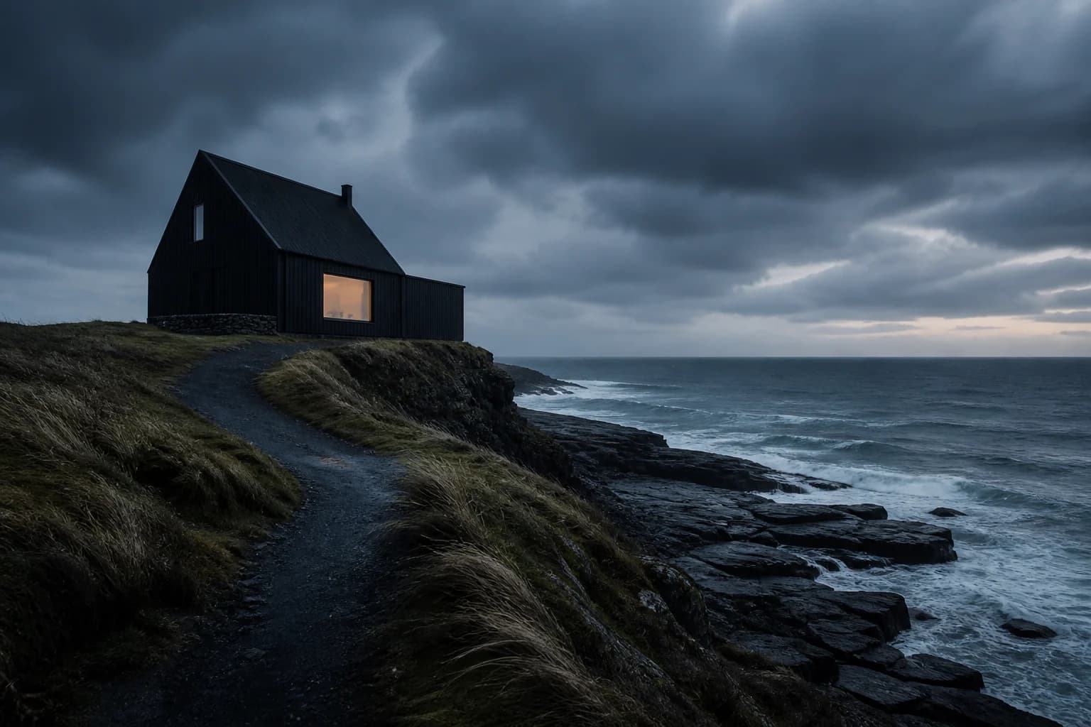 Aster House above a dark Atlantic shoreline at blue hour