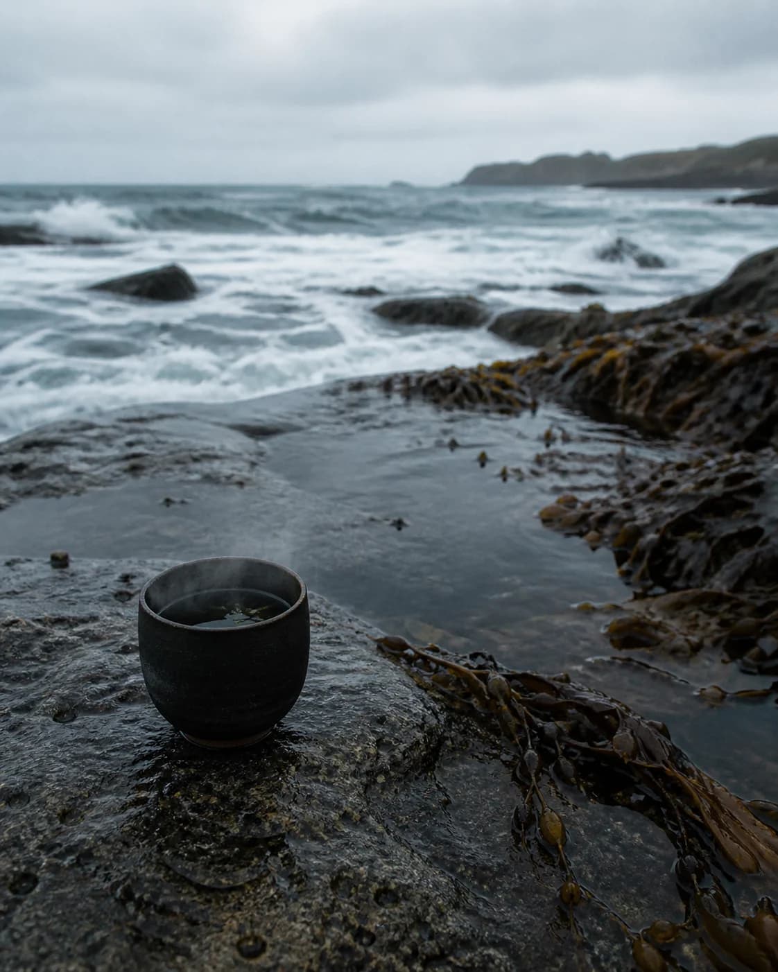 Seaweed tea on a wet rock beside a natural Atlantic tidal pool