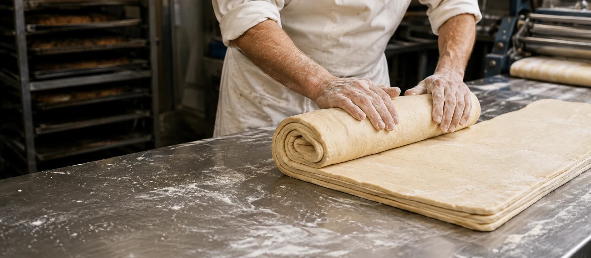 Flour-dusted baker hands folding laminated dough on a stainless workbench