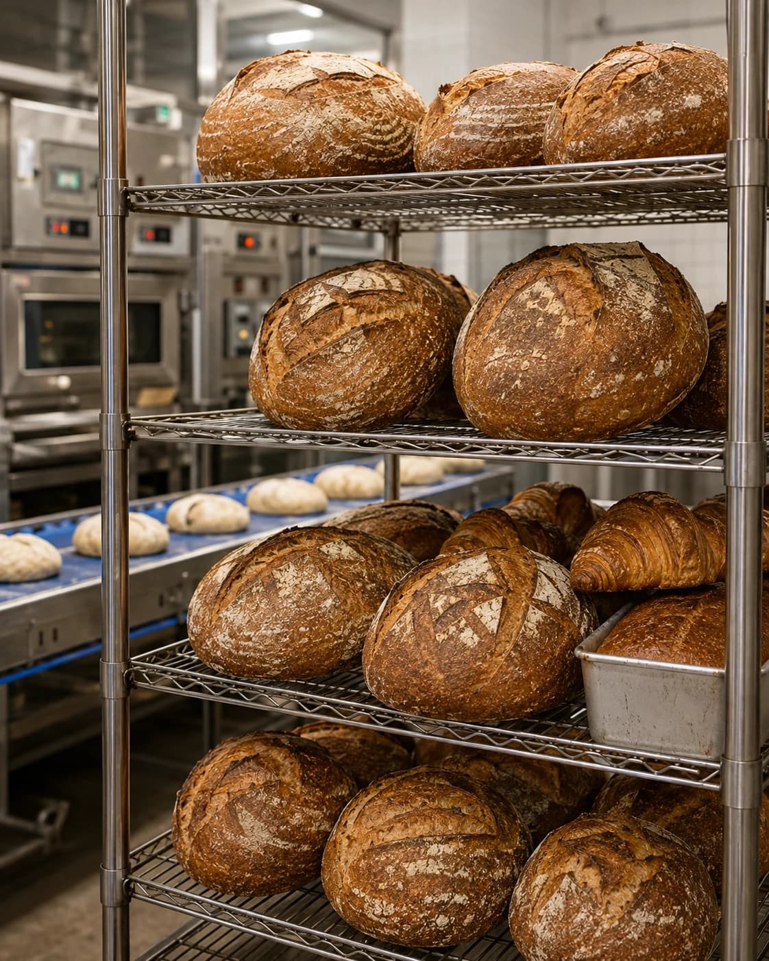 Crusted country loaves and croissants cooling on stainless bakery racks