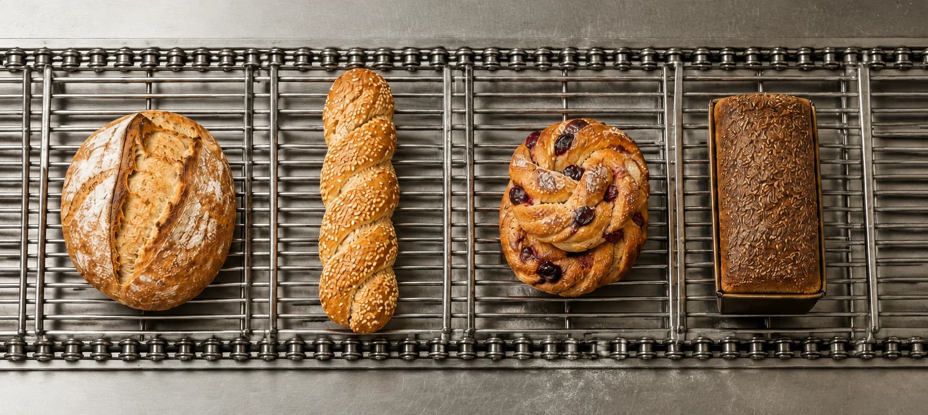 Country loaf, sesame twist, cherry knot, and rye tin aligned on a metal cooling rack