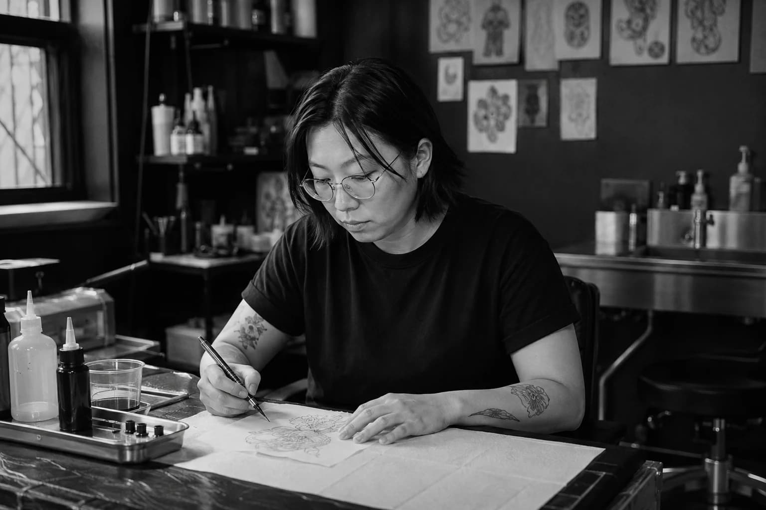 Aya North checking a fine-line drawing at a clean tattoo station