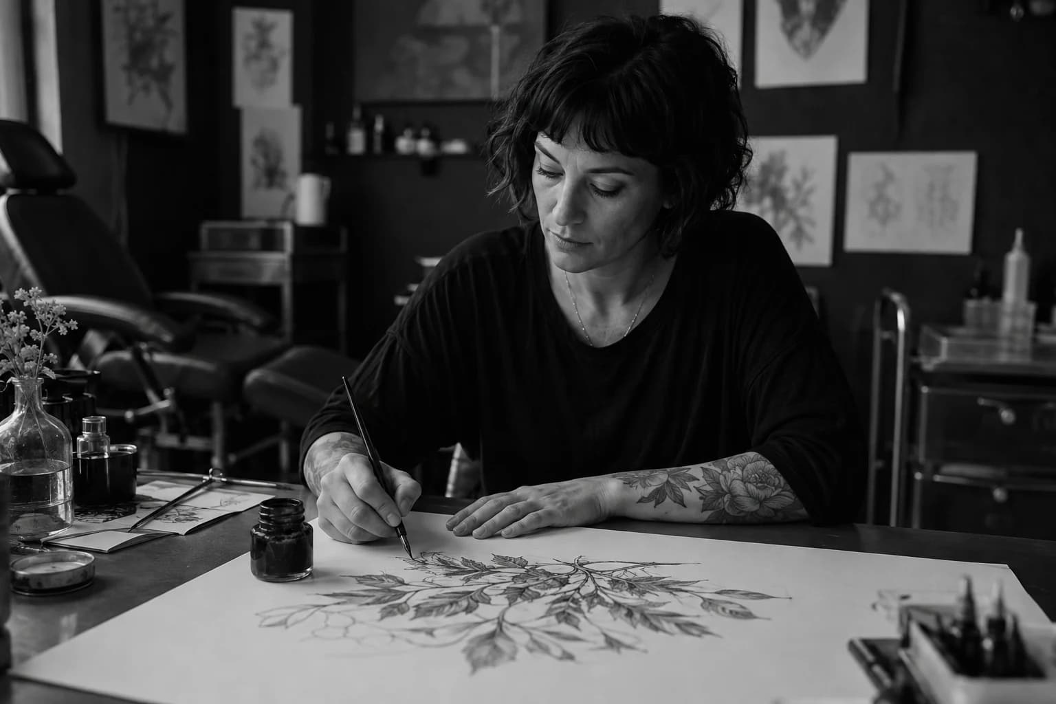 Mira Vale drawing a botanical composition with a dip pen at a studio table