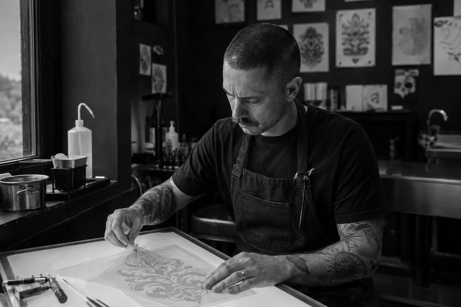 Tomás Rook preparing an ornamental stencil at a light table