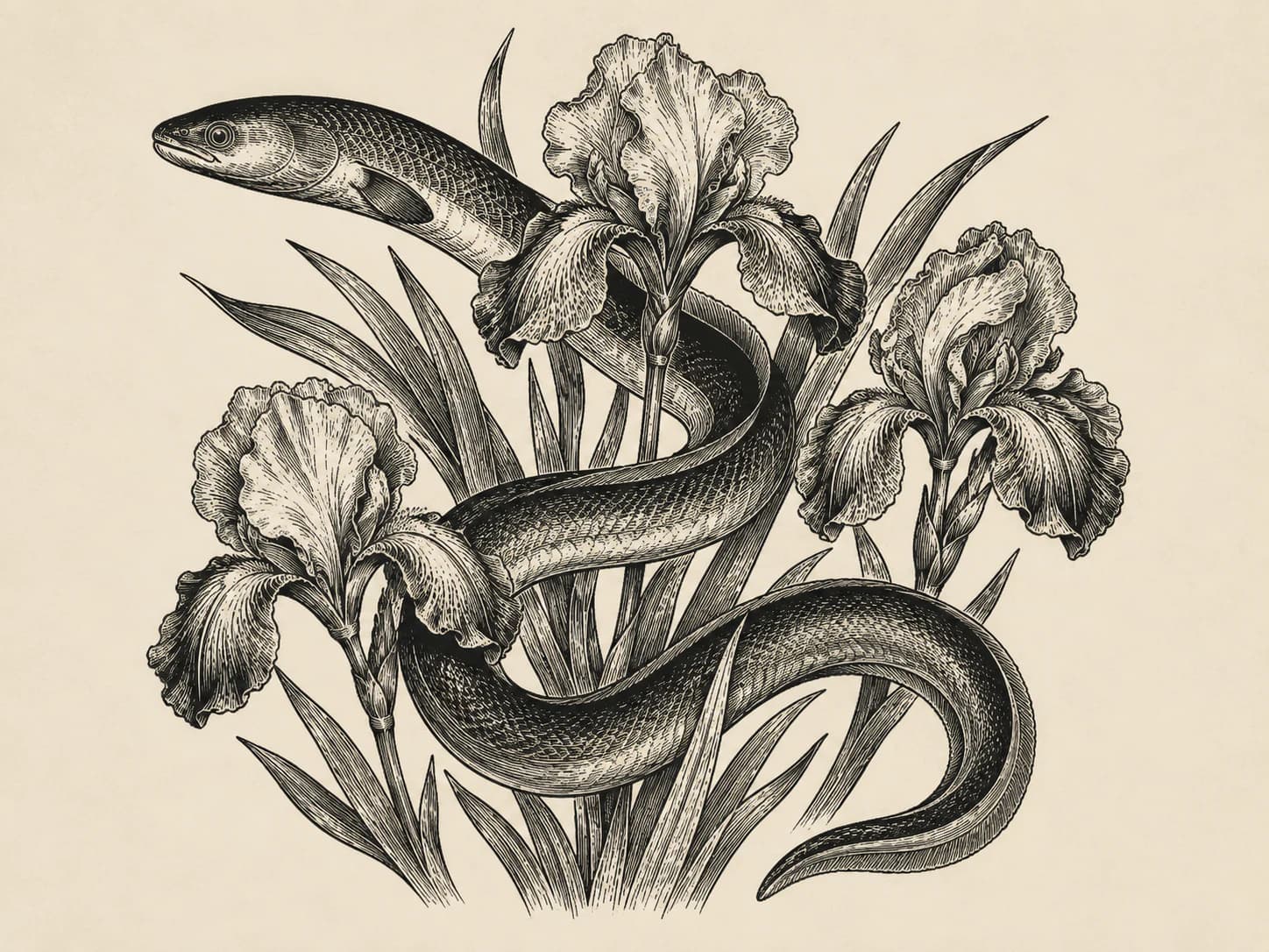 A carbon-black engraving of a long eel weaving through iris flowers on bone paper