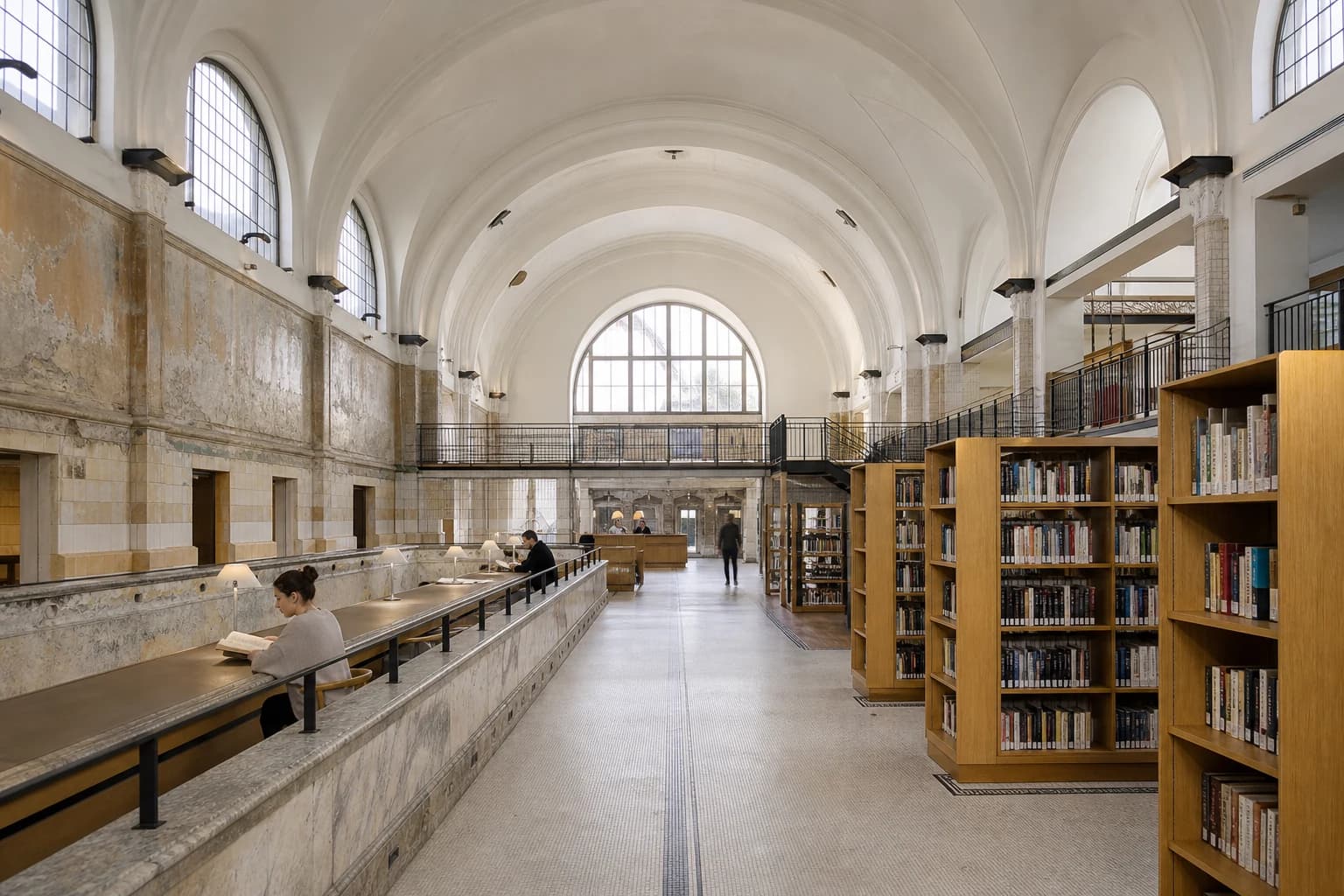 A vaulted former municipal bath hall reused as a public library
