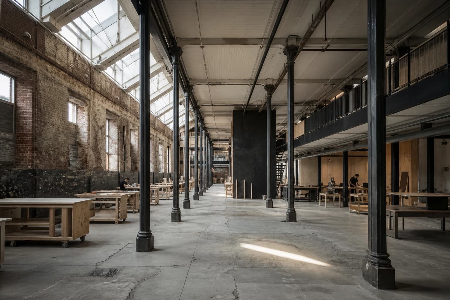 Long workshop hall inside a reused brick textile mill