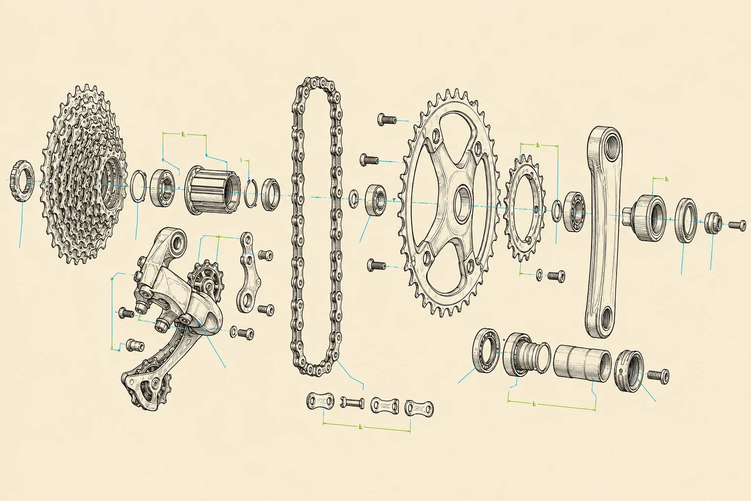 Exploded technical illustration of a bicycle cassette, chain, derailleur and crankset
