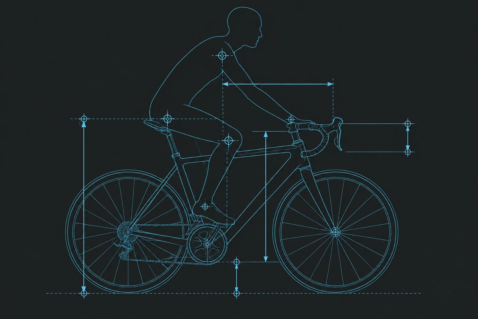 Cyan technical blueprint of a road cyclist with fit measurement lines on graphite
