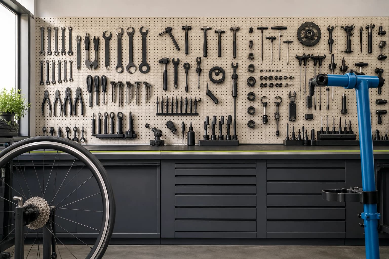 Orderly bicycle workshop with cream pegboard, graphite tools and a cyan repair stand