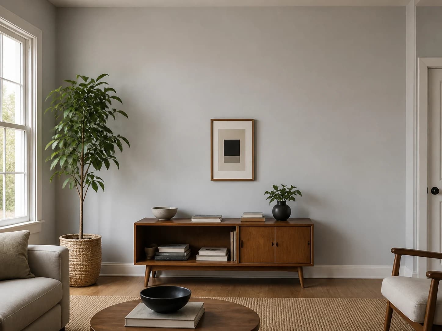 Living room with a broad wall, wood console, houseplants, and neutral furnishings used for a color preview