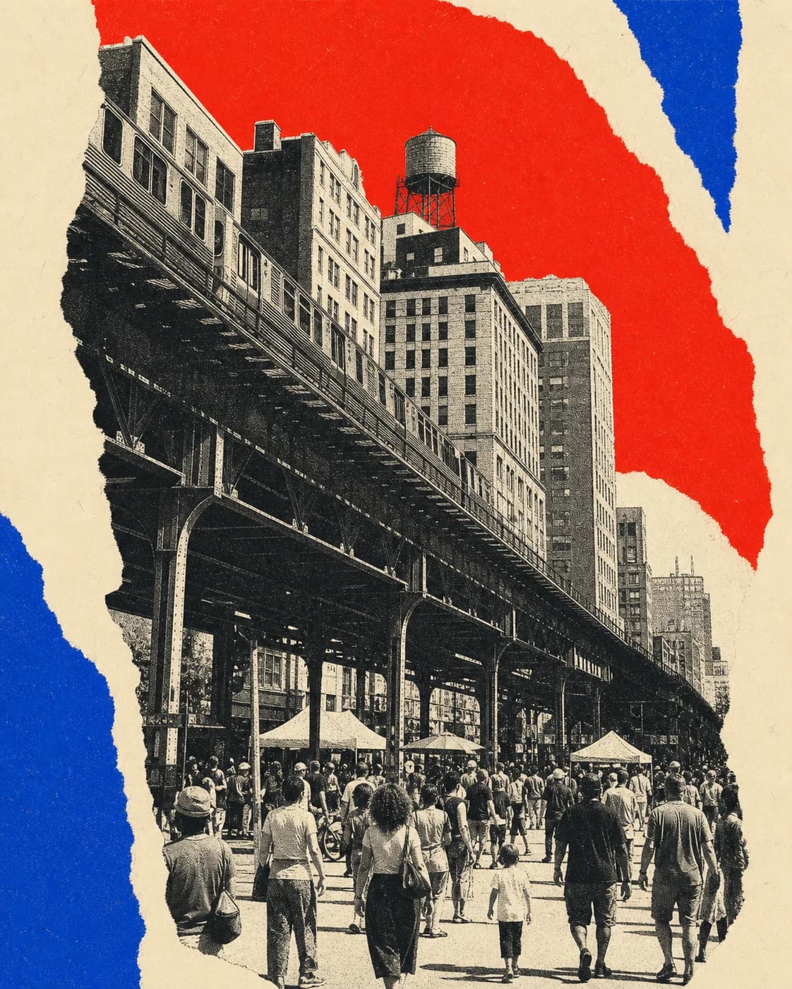 Risograph-style collage of neighbors gathering beneath an elevated city railway