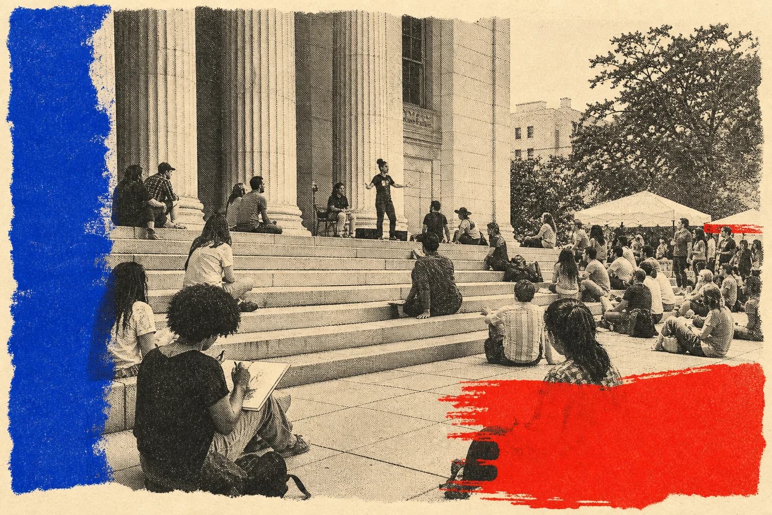 Halftone illustration of a community arts gathering on broad public library steps