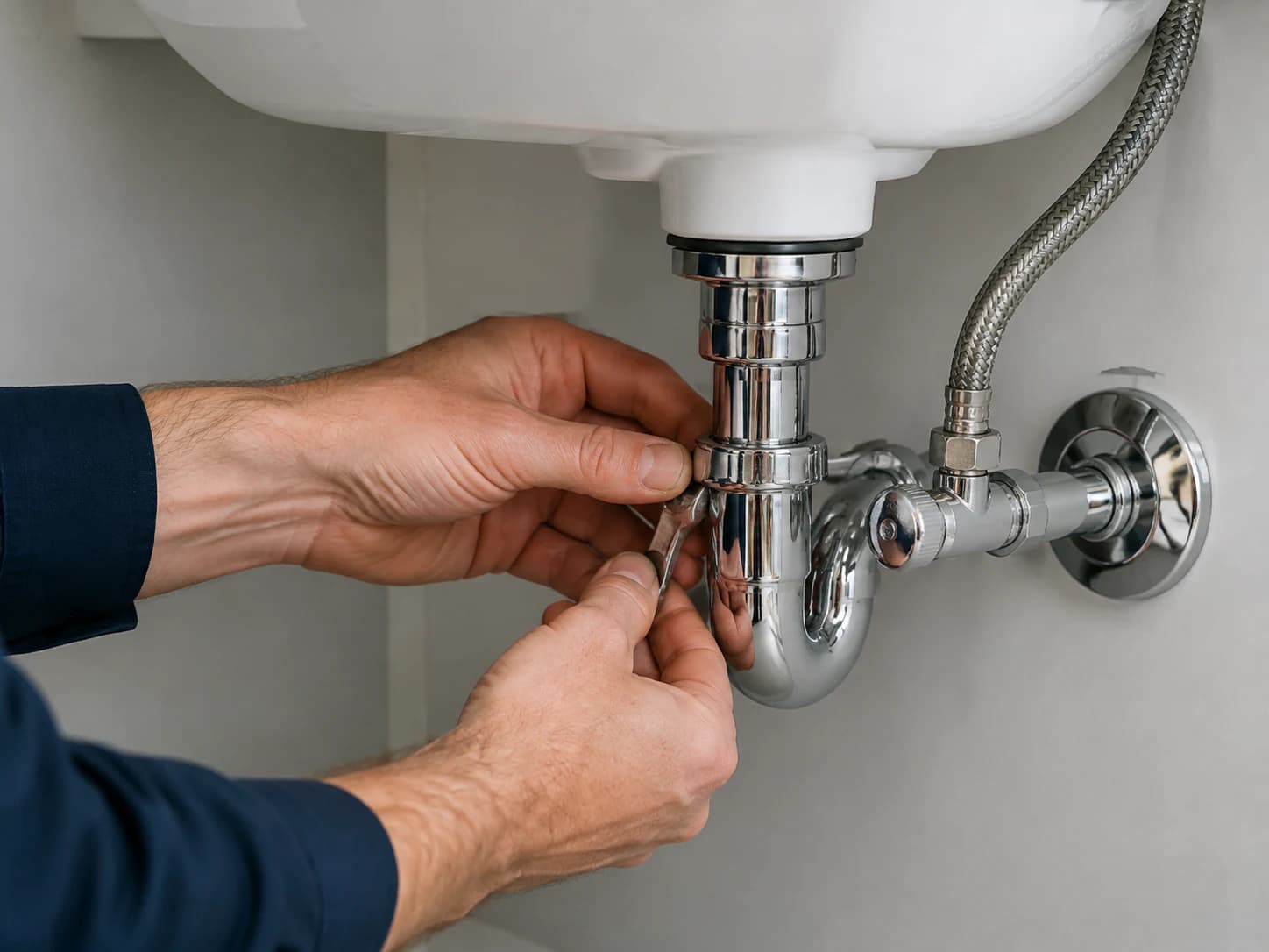 Hands inspecting a chrome shutoff valve and drain beneath a white sink