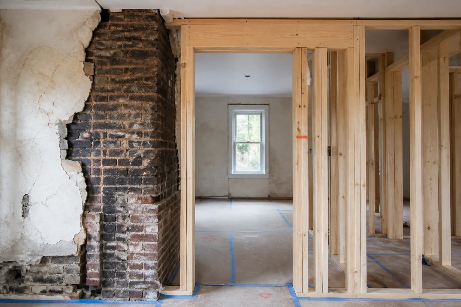 Original brickwork meeting precise new interior framing