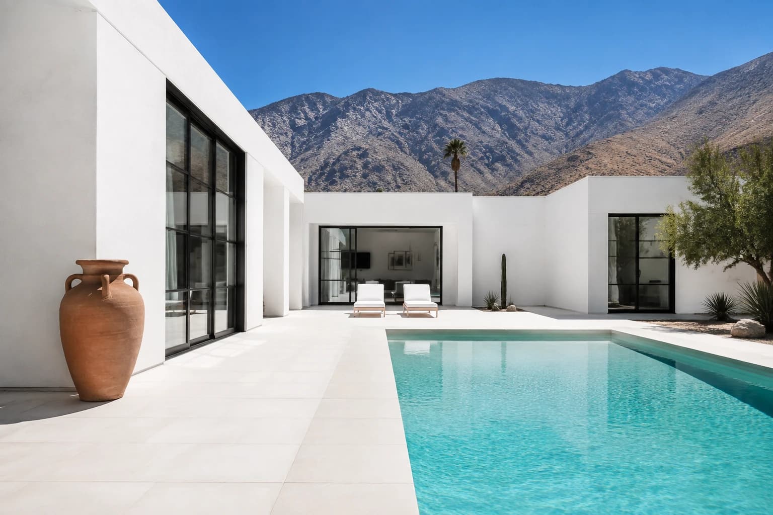 Modern white desert home with a quiet cyan pool beneath the Palm Springs mountains