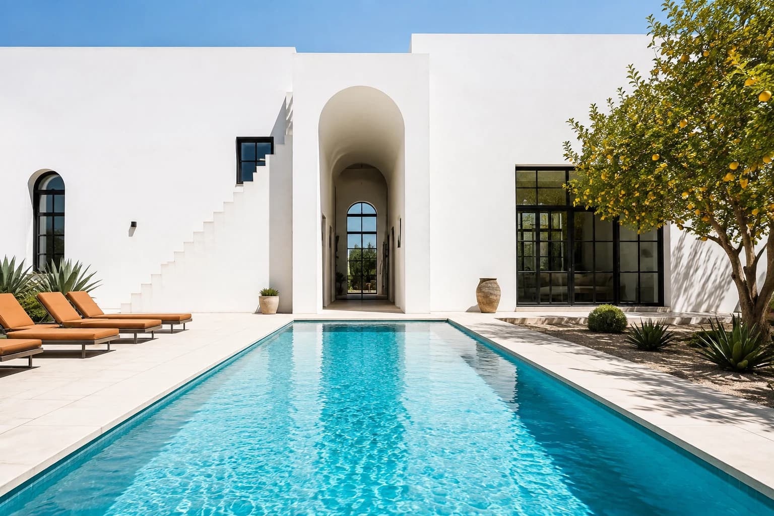 Long clear cyan pool beside a chalk-white Mediterranean villa and lemon tree