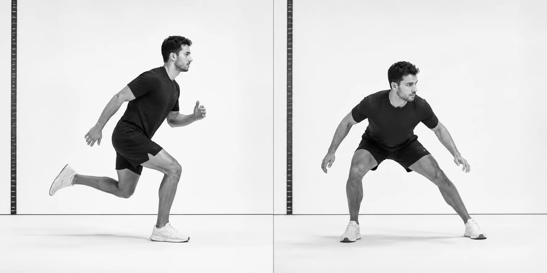 Two-frame movement study showing an athlete landing and decelerating