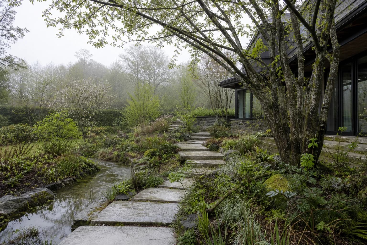 A modern garden in spring with soft new planting beside a stone path and narrow water rill