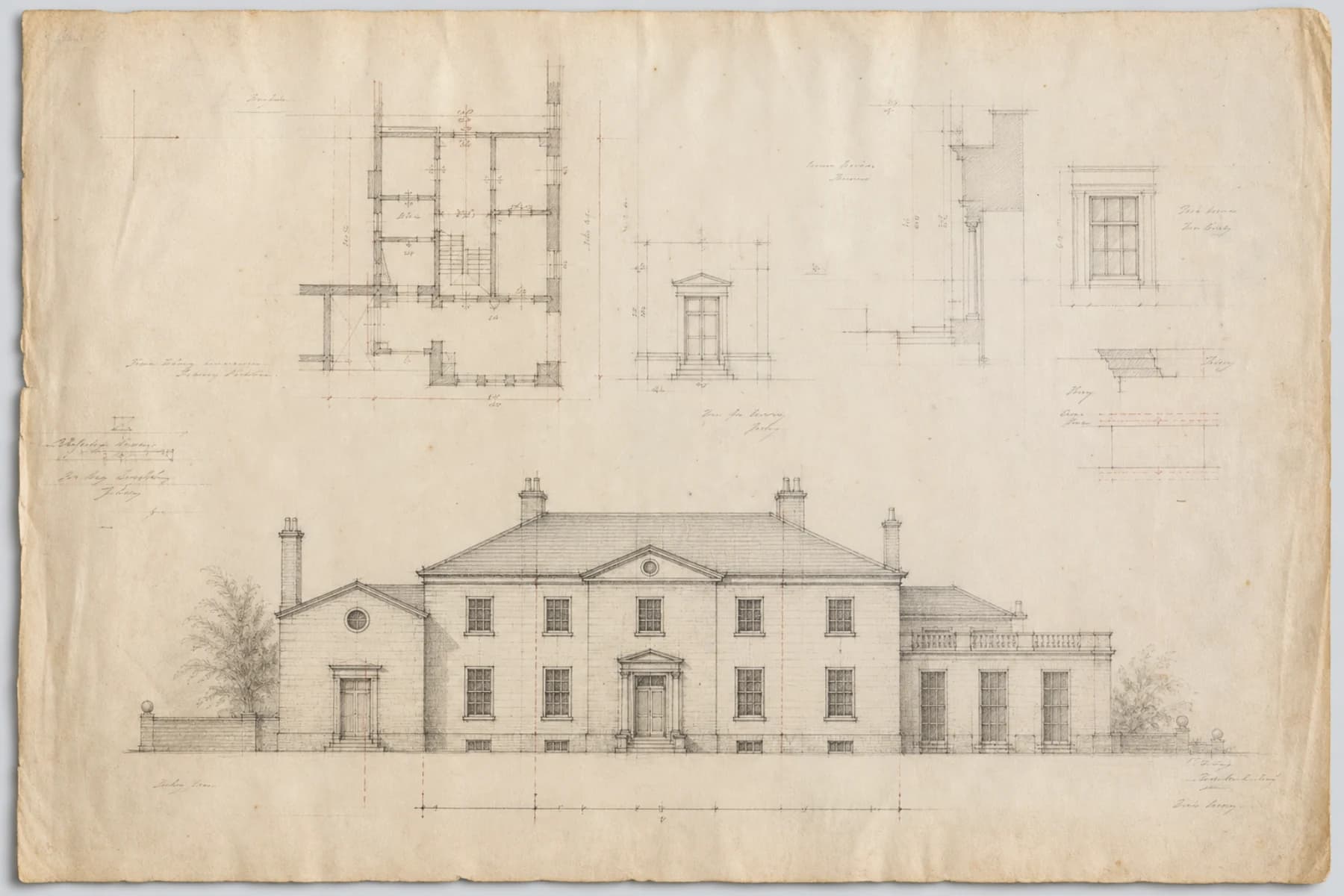 Historic house plans with floor, elevation, window, and cornice drawings