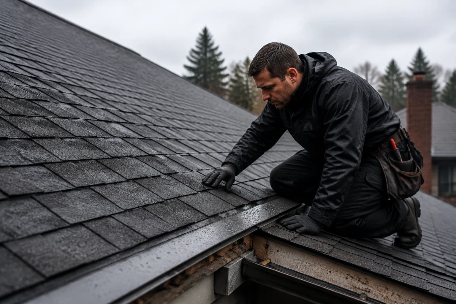 Roof inspector examining damp asphalt shingles and metal flashing on a sloped residential roof