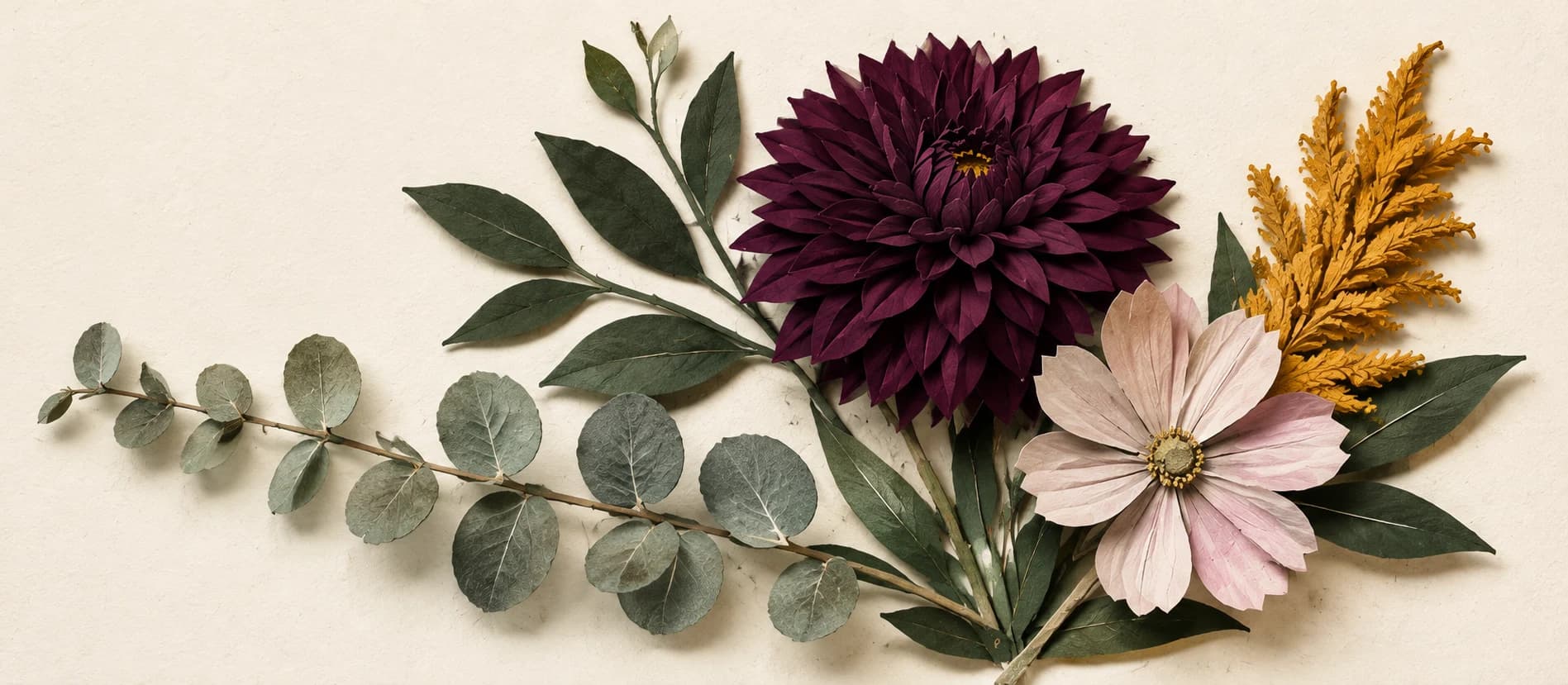Paper-cut dahlia, cosmos, celosia, eucalyptus, and foliage arranged like a florist’s market notes