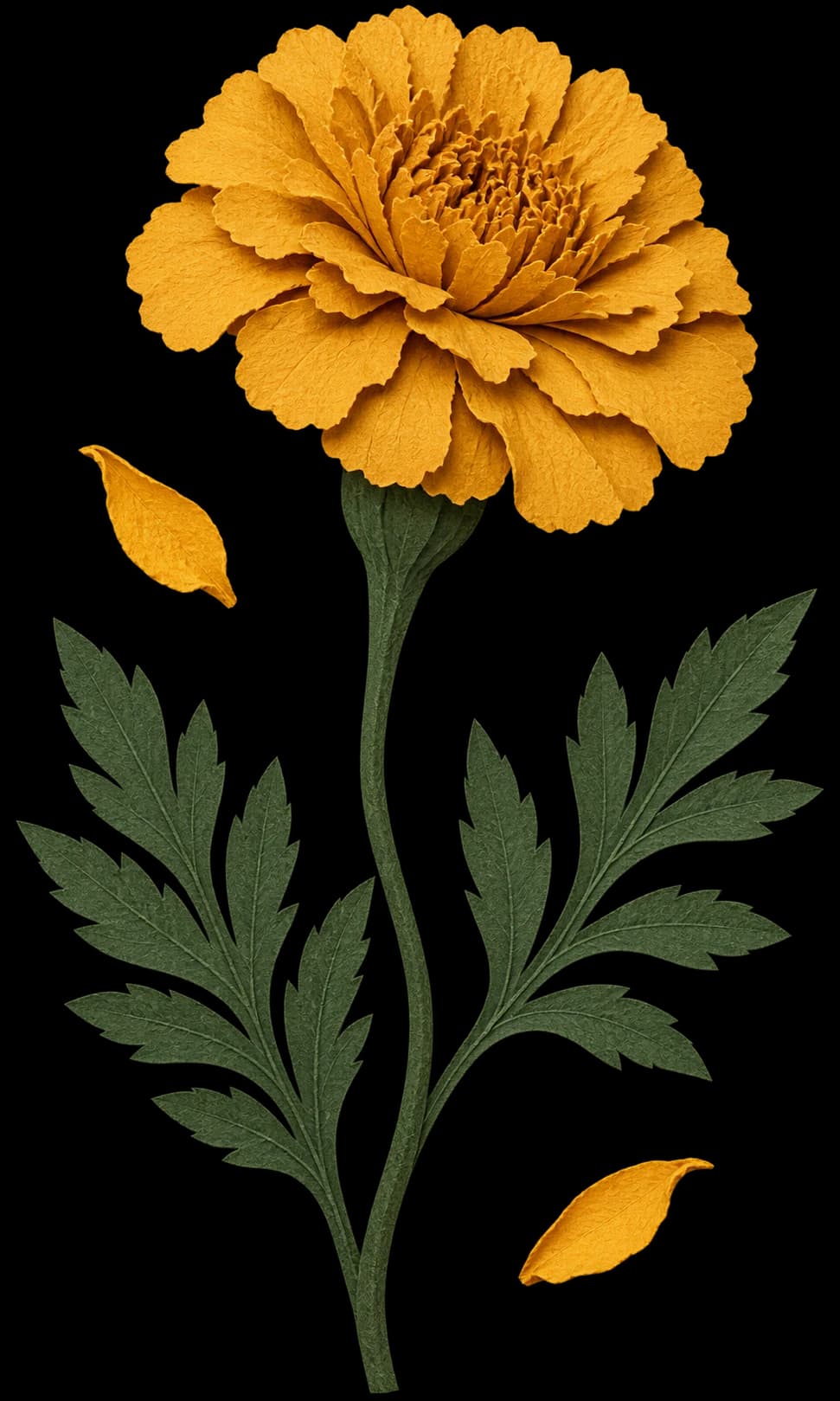A monumental marigold paper-cut flower with long green leaves and loose petals