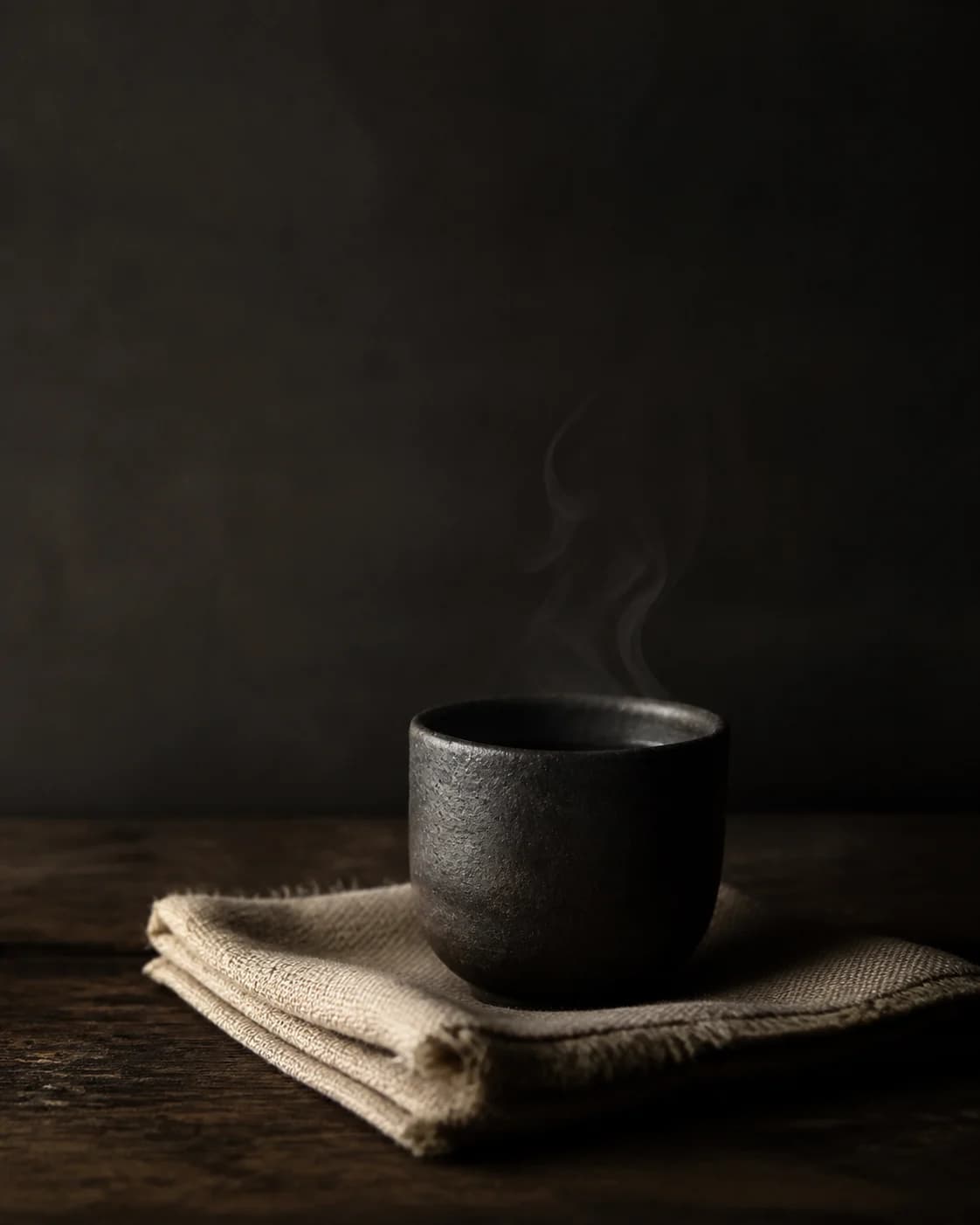 Dark ceramic cup with a quiet thread of steam