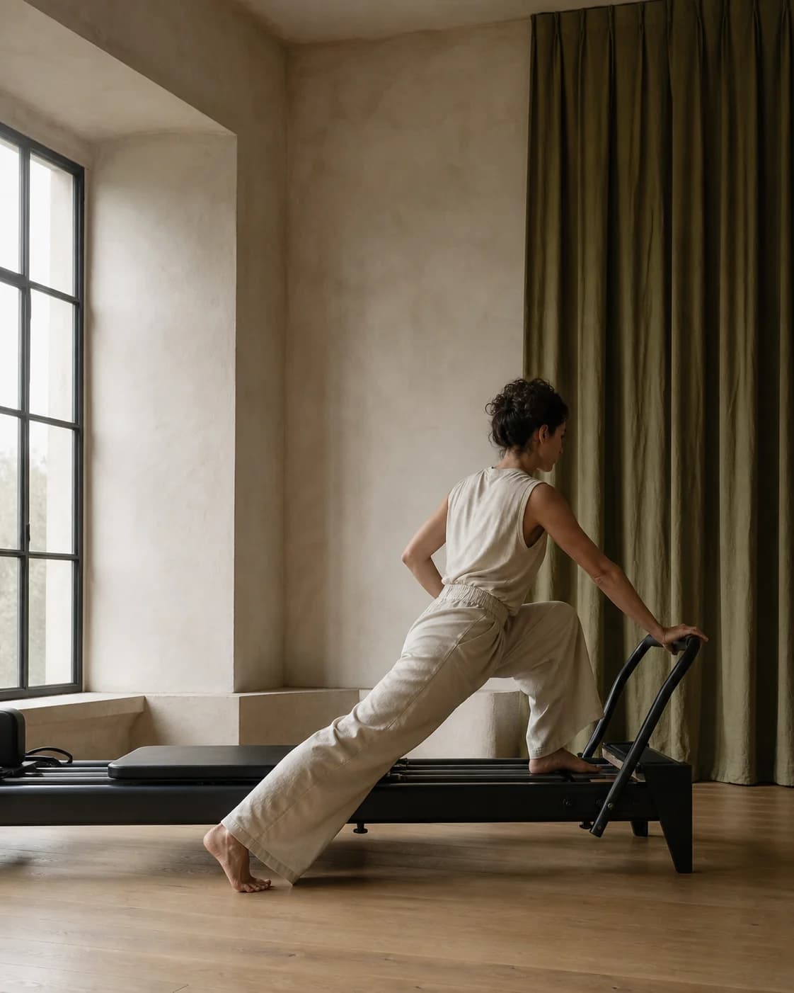 A participant practices a supported lunge on a reformer in a warm, naturally lit studio.