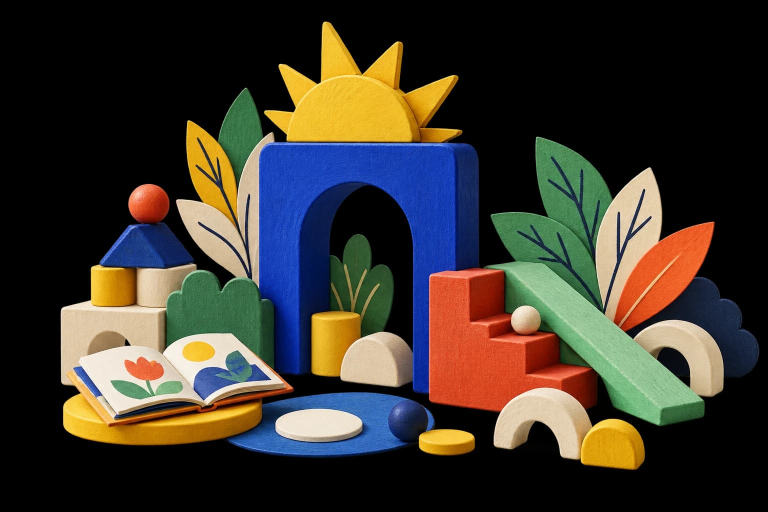 Colorful wooden blocks forming an arch, stairs, ramp and rising sun