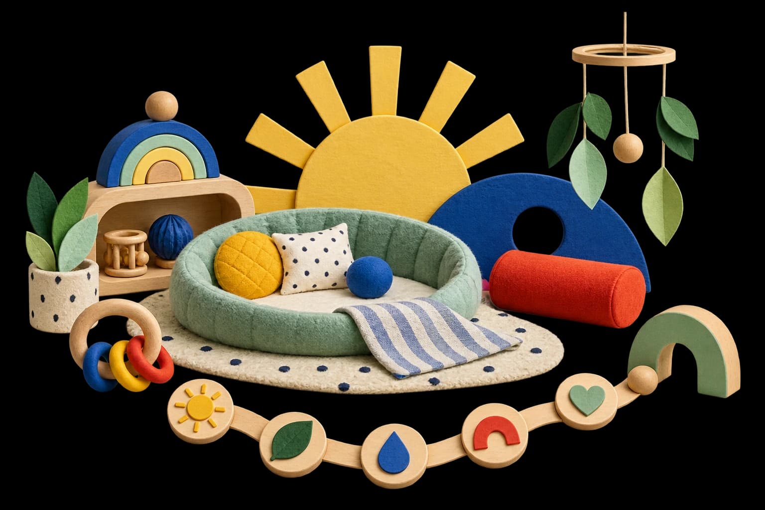 Soft mint arch, small blocks and sensory forms arranged as a calm infant play world