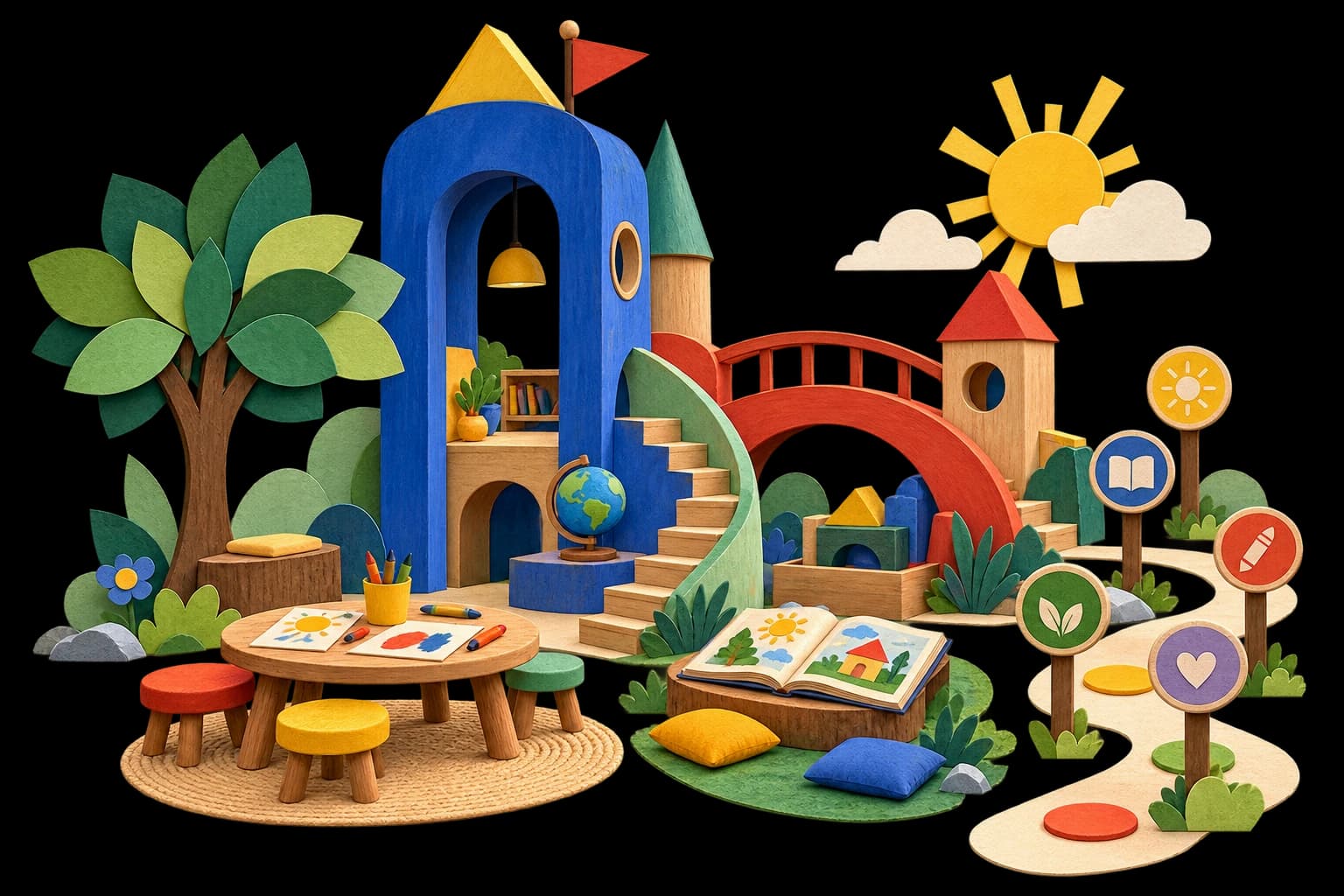 Playful early-learning studio made from warm wood, colorful blocks and cut-paper shapes